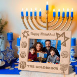 Happy Hanukkah Menorah, Dreidel, Gelt Custom Name<br><div class="desc">Celebrate the Festival of Lights with this beautifully laser-etched wood picture frame, designed to honour the joy and traditions of Hanukkah! Featuring the phrase “Happy Hanukkah”at the top, this frame is adorned with meaningful symbols, including a menorah, dreidels, gelt, and the Star of David, bringing a warm and festive touch...</div>