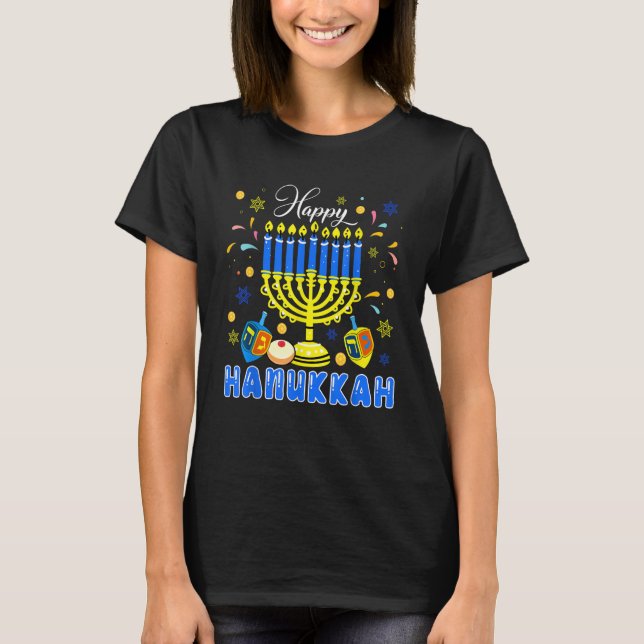Happy Hanukkah Menorah Dreidel Proud Jewish Family T-Shirt (Front)