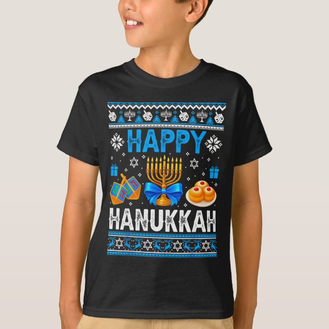 Happy Hanukkah Menorah Dreidel Ugly Chanukah Pajam T-Shirt (Front)