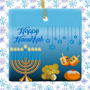 Happy Hanukkah Menorah Dreidels Blue Ceramic Ornament