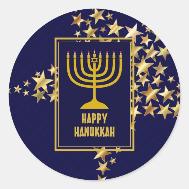 HAPPY HANUKKAH | Menorah | Gold Stars | NAVY BLUE Classic Round Sticker (Front)