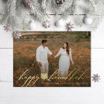 Happy Hanukkah Menorah Hanukkiah Photo<br><div class="desc">Happy Hanukkah in flowy letters with hanukkiah in the centre printed in foil over full bleed photo; also available in flat printing</div>