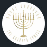 Happy Hanukkah Menorah Holiday Classic Round Sticker<br><div class="desc">This sticker features a gold coloured menorah. The message above it reads "Happy Hanukkah". Below the menorah is a place for your family name which you may personalise or remove if you'd like.</div>