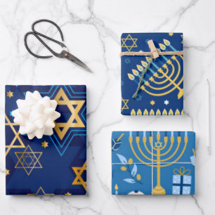 Happy Hanukkah Menorah Jewish Star Candles Wrapping Paper Sheet