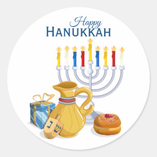 Happy Hanukkah Menorah Oil Pitcher Sufganiyot Classic Round Sticker