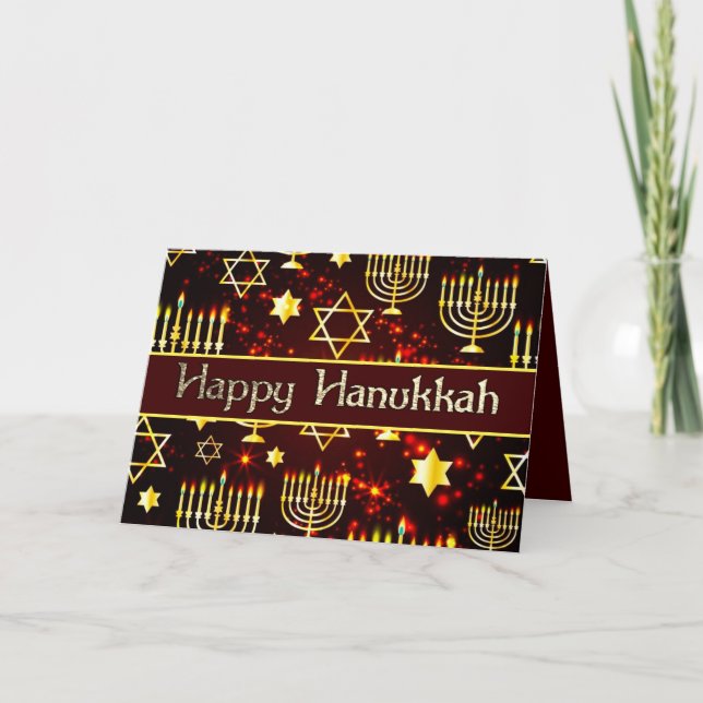 Happy Hanukkah Menorah Red & Gold Holiday Card (Front)