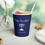 Happy Hanukkah Menorah Simple Blue  Paper Cups<br><div class="desc">Happy Hanukkah Blue Holiday paper cup,  with a simple white menorah and script typography design. With white customisable lettering,  you can add your own information. A festive way to celebrate with friends and loved ones.</div>