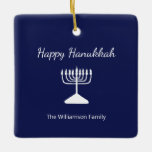Happy Hanukkah Menorah Simple Blue White  Ceramic Ornament<br><div class="desc">Happy Hanukkah Blue Holiday ornament,  with a simple white menorah and script typography design. With white customisable lettering,  you can add your own information. A festive addition to your holiday decor.</div>