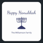 Happy Hanukkah Menorah Simple  Square Sticker<br><div class="desc">Happy Hanukkah Blue Holiday sticker,  with a simple blue menorah and script typography design. With blue customisable lettering,  you can add your own information. A festive way to celebrate with friends and loved ones.</div>