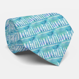 Happy Hanukkah Menorah Watercolor Blue Teal Tie