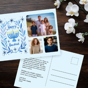 Happy Hanukkah Menorah Watercolor CUSTOM 3 Photos Holiday Postcard