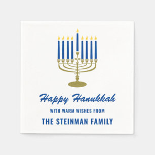 Happy Hanukkah Menorah White Blue Gold Family Name Napkin