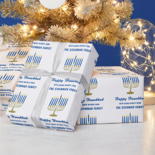 Happy Hanukkah Menorah White Blue Gold Family Name Wrapping Paper