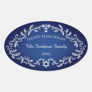 Happy Hanukkah Menorah White Festive Frame on Blue Oval Sticker