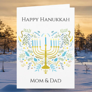 Happy Hanukkah Menorah with Flowers Mum & Dad Card