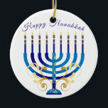 Happy Hanukkah menorah yellow gold candles Ceramic Tree Decoration<br><div class="desc">hand designed Happy Hanukkah blue and yellow Menorah ornament. Customise the message.</div>