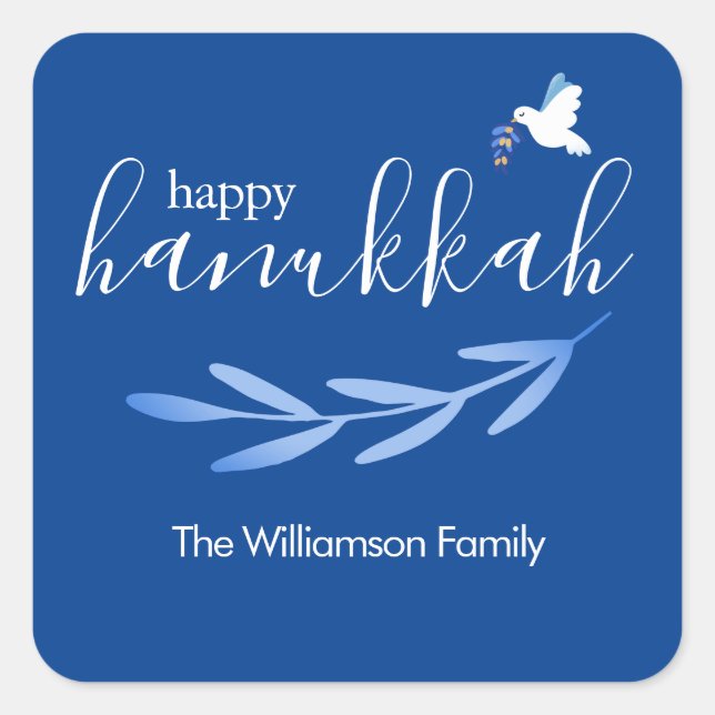 Happy Hanukkah | Modern Blue and White Hanukkah Square Sticker (Front)