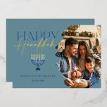 Happy Hanukkah modern blue script menorah photo<br><div class="desc">Happy Hanukkah modern blue script menorah photo with real gold foil</div>