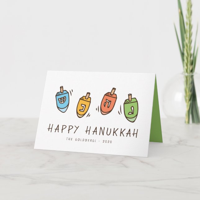 Happy Hanukkah Modern Dreidel Holiday Card (Front)