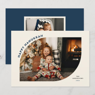 Happy Hanukkah Modern Frame Blue Letters Holiday Card