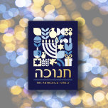 Happy Hanukkah Modern Greeting Gold<br><div class="desc">Hanukkah / Chanukah Blue White and elegant real Gold Foil. Modern Geometric Pattern Card with Menorah, Dreidel, Doughnuts, Stars & Olive oil... Hebrew & Jewish Hanukkah Symbols Space to add your personalised text on the front & reverse. Happy Hanukkah wishes. Hebrew on the front says "Chanukah". This upscale, beautiful, look,...</div>