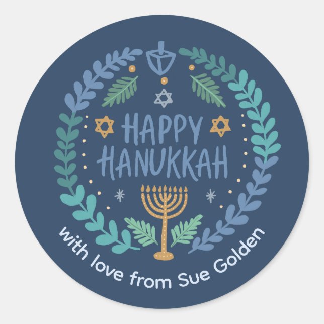 HAPPY HANUKKAH Modern Hand-Drawn Cute Whimsical  Classic Round Sticker (Front)
