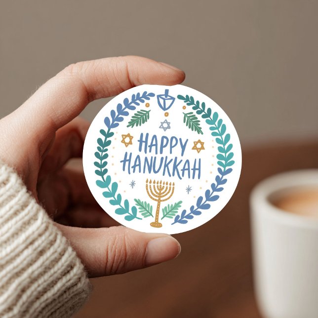 HAPPY HANUKKAH Modern Hand-Drawn Cute Whimsical  Classic Round Sticker (HAPPY HANUKKAH Modern Hand-Drawn Cute Whimsical Classic Round Sticker
)