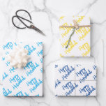 Happy Hanukkah Modern Holiday Typography  Wrapping Paper Sheet<br><div class="desc">Cursive Typography on white background with HAPPY HANUKKAH in blue,  golden yellow,  bright blue combination. Gift Wrap for ANY Jewish Holiday events. Modern,  Colourful,  Fun. Mix and match entire Christmas / Holiday Collections by TMCdesigns.</div>