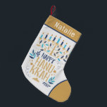 Happy Hanukkah Modern Menorah Personalised Name Small Christmas Stocking<br><div class="desc">Happy Hanukkah Modern Menorah Personalised Name Stocking features a Jewish Menorah with the text "Happy Hanukkah" in modern gold script typography. Perfect for Hanukkah gifts. Designed by © Evco Holidays www.zazzle.com/store/evcoholidays</div>