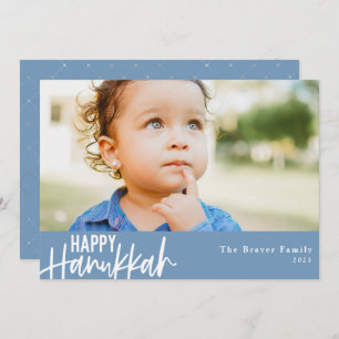 Happy Hanukkah Modern Photo Light Blue Holiday Card