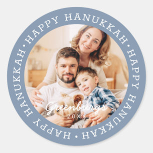 Happy Hanukkah Modern Preppy Custom Family Photo Classic Round Sticker