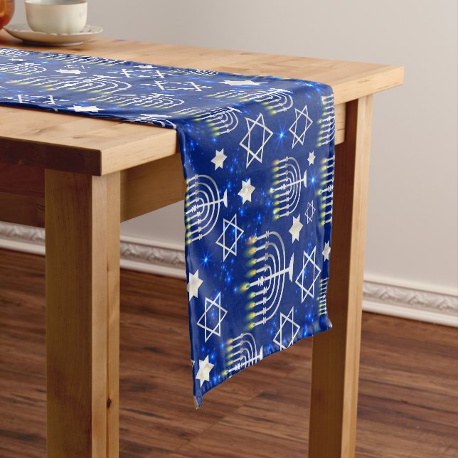 Happy Hanukkah Modern Star Of David Menorah Short Table Runner (In Situ)