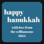 Happy Hanukkah Modern Teal Blue Personalised Square Sticker<br><div class="desc">Elevate your Hanukkah celebrations with this Happy Hanukkah Modern Teal Blue Personalised Square Sticker. Featuring a chic teal blue background with contemporary design elements, this sticker is perfect for adding a personal touch to your holiday gifts, cards, or party favours. The modern typography and clean lines create a stylish and...</div>