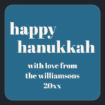 Happy Hanukkah Modern Teal Blue Personalised Square Sticker<br><div class="desc">Elevate your Hanukkah celebrations with this Happy Hanukkah Modern Teal Blue Personalised Square Sticker. Featuring a chic teal blue background with contemporary design elements, this sticker is perfect for adding a personal touch to your holiday gifts, cards, or party favours. The modern typography and clean lines create a stylish and...</div>