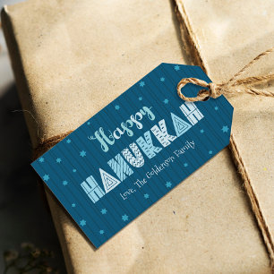 Happy Hanukkah Modern Whimsical Typography Teal Gift Tags
