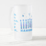 Happy Hanukkah Party Beautiful Blue Decoration Frosted Glass Beer Mug<br><div class="desc">Happy Hanukkah Party Beautiful Blue Decoration, Jewish Holiday, Coffee Mug and Cup. Jewish Holiday Hanukkah background with Hebrew Lettering and traditional Chanukah symbols - wooden dreidels (spinning top), doughnuts, gold menorah, candles, star of David and glowing lights wallpaper pattern. Hanukkah Festival Event Decoration. Jerusalem, Israel. Personalise them by adding name...</div>