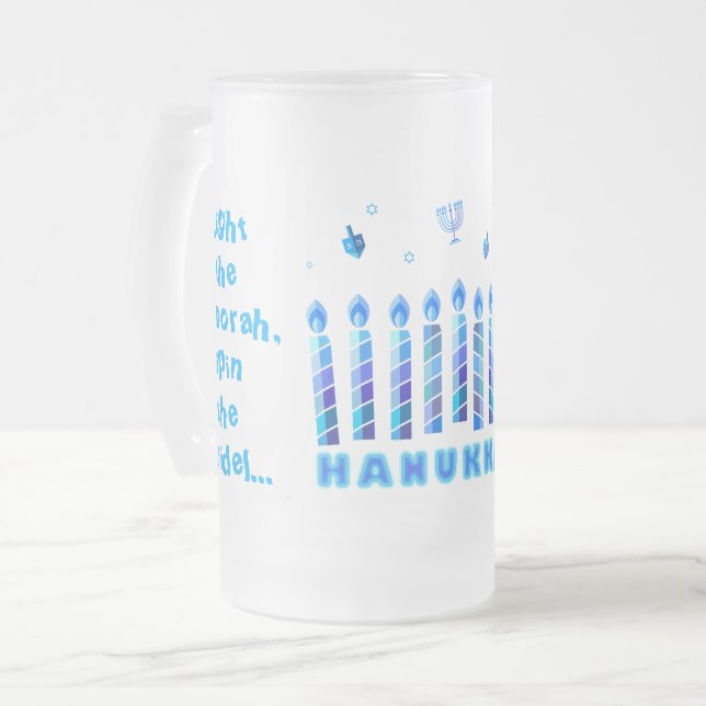 Happy Hanukkah Party Beautiful Blue Decoration Frosted Glass Beer Mug (Front Left)