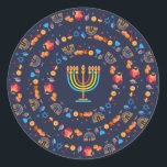 Happy Hanukkah Party Beautiful Decoration Classic Round Sticker<br><div class="desc">Happy Hanukkah Party Beautiful Decoration, Jewish Holiday, Classic Round Sticker. Jewish Holiday Hanukkah background with traditional Chanukah symbols - wooden dreidels (spinning top), doughnuts, gold menorah, candles, star of David and glowing lights wallpaper pattern. Hanukkah Festival Event Decoration. Jerusalem, Israel. Crafts & Party Supplies > Gift Wrapping Supplies > Stickers...</div>