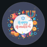 Happy Hanukkah Party Beautiful Decoration Classic Round Sticker<br><div class="desc">Happy Hanukkah Party Festival of lights Beautiful Decoration, Jewish Holiday, Classic Round Sticker. Hanukkah blue lights background with traditional Chanukah symbols - wooden dreidels (spinning top), doughnuts, menorah, candles, star of David and glowing lights wallpaper pattern. Hanukkah Festival Event Kids party Holiday Birthday Decoration. Jerusalem, Israel. Crafts & Party Supplies...</div>