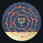 Happy Hanukkah Party Beautiful Decoration Classic Round Sticker<br><div class="desc">Happy Hanukkah Party Beautiful Decoration, Jewish Holiday, Classic Round Sticker. Jewish Holiday Hanukkah background with traditional Chanukah symbols - wooden dreidels (spinning top), doughnuts, gold menorah, candles, star of David and glowing lights wallpaper pattern. Hanukkah Festival Event Decoration. Jerusalem, Israel. Crafts & Party Supplies > Gift Wrapping Supplies > Stickers...</div>