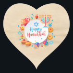 Happy Hanukkah Party Beautiful Decoration Heart Sticker<br><div class="desc">Happy Hanukkah Party Beautiful Decoration, Jewish Holiday, Classic Round Sticker. JJewish Holiday Hanukkah background with traditional Chanukah symbols - wooden dreidels (spinning top), doughnuts, menorah, candles, star of David and glowing lights Old paper texture wallpaper vintage pattern. Hanukkah Festival Event Decoration. Jerusalem, Israel. Crafts & Party Supplies > Gift Wrapping...</div>