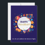 Happy Hanukkah Party Jewish Holiday Gold Menorah Invitation<br><div class="desc">Happy Hanukkah Party Jewish Holiday Gold Menorah design. Invitation card with text "Join Us and celebrate the festival of lights". Jewish Holiday Chanukkah Decoration with traditional Chanuka decorative symbols - Judaica. Navy Blue colour Hanukkiah menorah, doughnuts, dreidel, candlestick with candles, star of David Hanukkah Festival ornaments and neon blue glowing...</div>