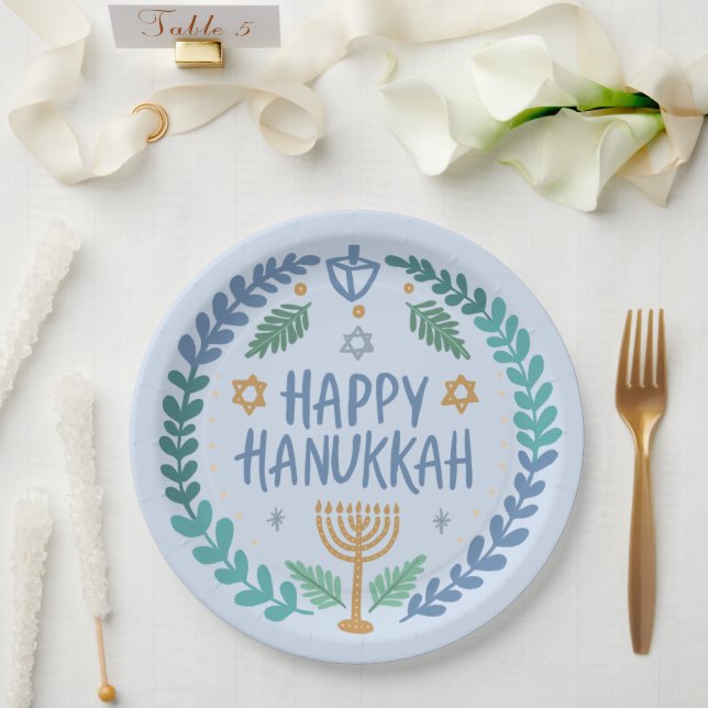 Happy Hanukkah Party Whimsical Cute Hand-Drawn  Paper Plate (Wedding)