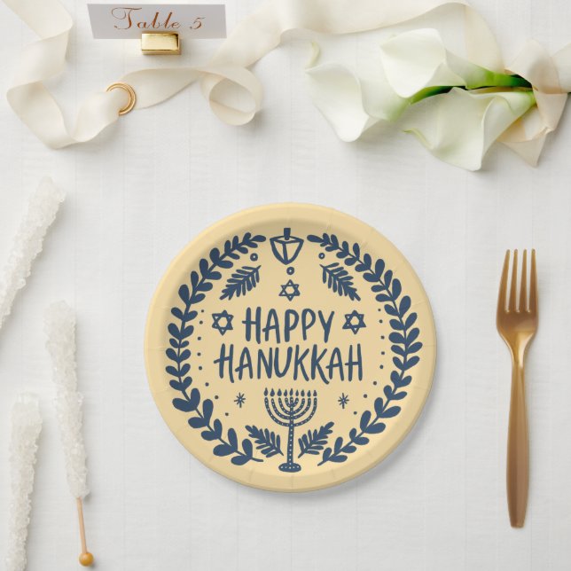 Happy Hanukkah Party Whimsical Cute Hand-Drawn  Paper Plate (Wedding)