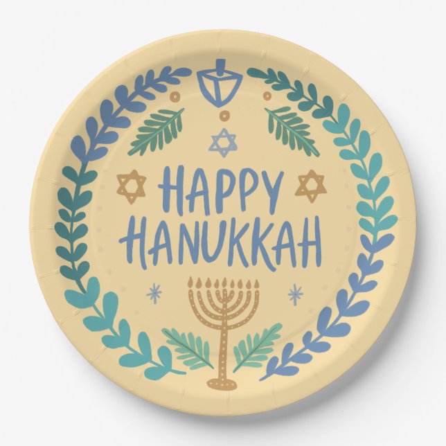 Happy Hanukkah Party Whimsical Cute Hand-Drawn  Paper Plate (Front)