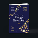 HAPPY HANUKKAH Peace Love Joy Stars HEBREW Holiday Card<br><div class="desc">Stylish blue and gold HANUKKAH GREETING CARD to wish your family and friends a Happy Hanukkah, which says WISHING YOU A VERY HAPPY HANUKKAH in white typography with FAMILY, FRIENDS & FUN and PEACE, LOVE & JOY in gold coloured typography in the corners. PEACE, LOVE, JOY is also written in...</div>