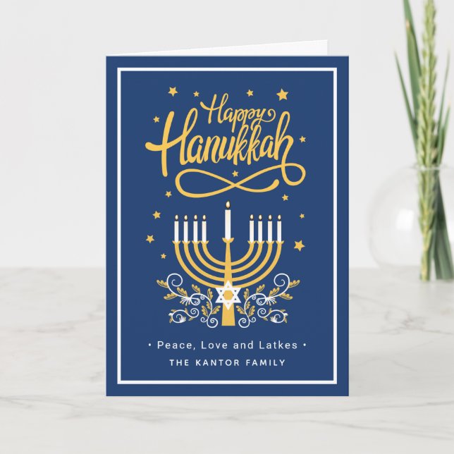 Happy Hanukkah Peace Love Latkes Modern Blue Holiday Card (Front)