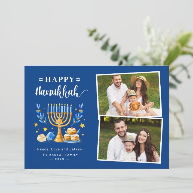 Happy Hanukkah Peace Love Lights Stars 2 Photo Holiday Card (Standing Front)