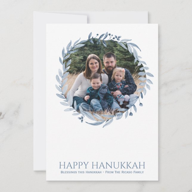 Happy Hanukkah Personalised Holiday Wreath Photo Card (Front)