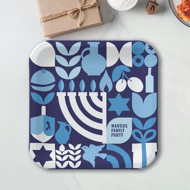 Happy Hanukkah Personalised Modern Menorah & Stars Paper Plate (Creator Uploaded)